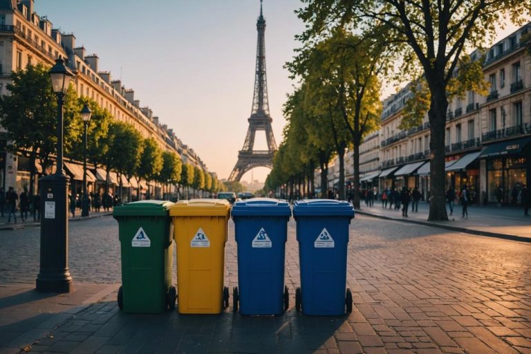 Photographie de rue parisienne capturant des bacs de recyclage aux couleurs vives et contrastées, avec la Tour Eiffel dominant à l'arrière-plan dans la douce lumière de l'aube. Effet mat, éclairage ambiant.