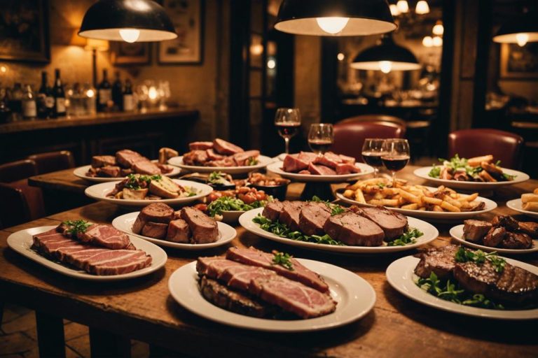 Un splendide assortiment de viandes juteuses et parfaitement cuites déployé sur des tables rustiques dans un bistro parisien charmant et décoré vintage, éclairé par une lumière ambiante chaleureuse.