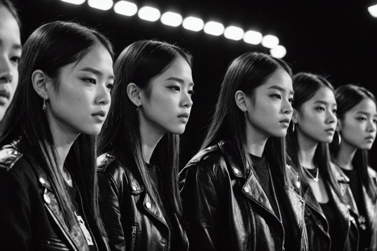 Photo sur le vif des membres de Blackpink pendant les répétitions montrant différents degrés d'épuisement, le tout reflété dans un miroir révélant leur détermination acharnée, éclairage dramatique par le bas, en noir et blanc granuleux, 4k.