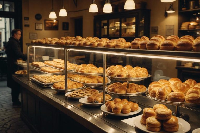 Vue pittoresque d'une boulangerie méditerranéenne animée, Kaaké, au cœur de Paris, avec des lumières chaleureuses se reflétant sur les pâtisseries dorées et les sandwiches artisanaux présentés de manière attrayante.