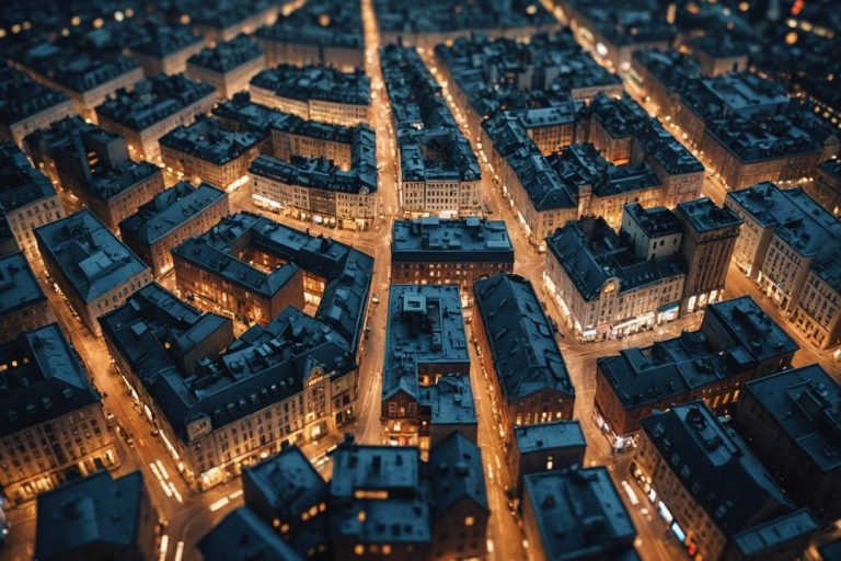 Un collage 3D qui représente divers paysages urbains charmants, allant des métropoles animées avec des gratte-ciels aux villes pittoresques avec des pavés, tous parfaitement assemblés comme des pièces de puzzle.