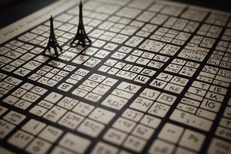 Image de haute résolution d'un puzzle cryptique de 8 lettres avec des croquis de monuments emblématiques de Paris et de Tokyo en arrière-plan, style surréaliste, éclairage ambiant.