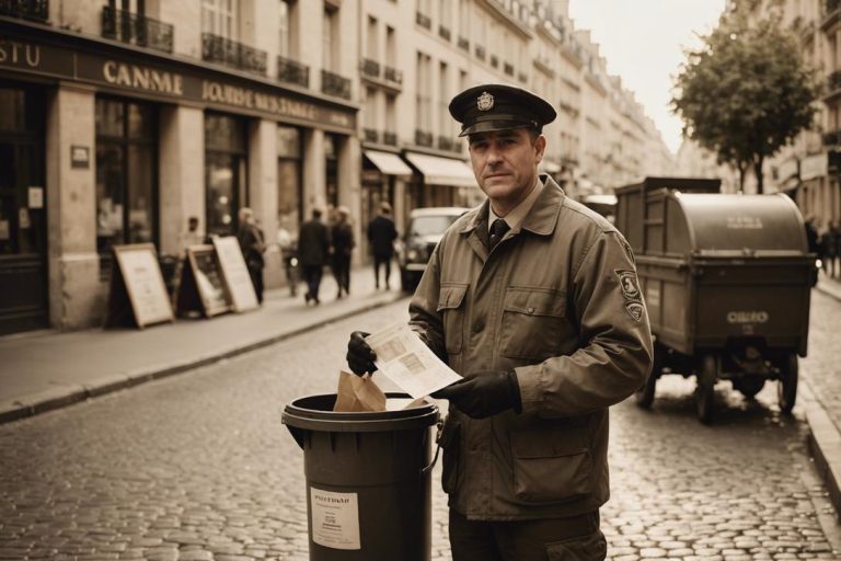 Image en sépia d'un éboueur en uniforme, tenant une enveloppe de paie, adossé à un camion à ordures dans les rues pittoresques de Paris sous une douce lumière matinale.