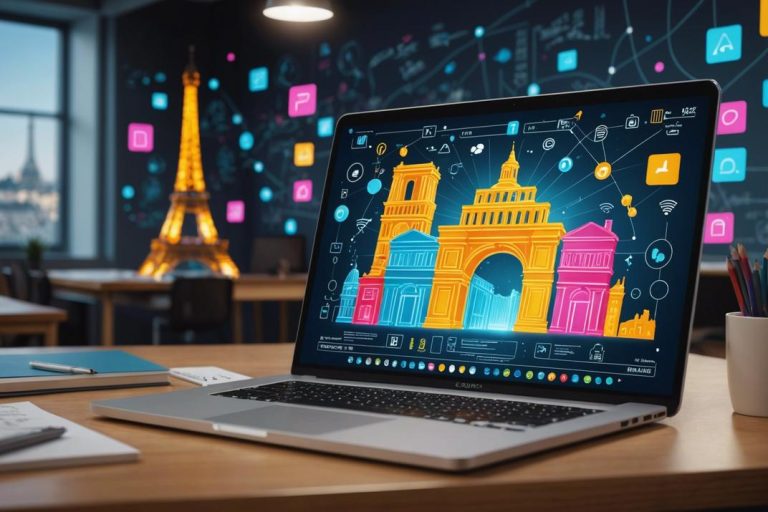 Scène numérisée de l'architecture parisienne avec des icônes numériques vibrantes flottant au-dessus d'un ordinateur portable dans une salle de classe moderne, symbolisant la fusion de l'éducation traditionnelle et numérique.