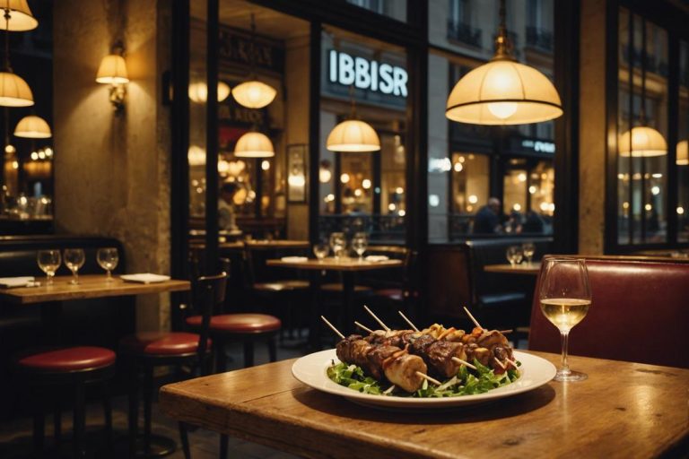 Photographie vintage montrant l'intérieur chic de Ibo Paris avec un kebab gourmet revisité sur une table en bois rustique, éclairé élégamment dans une ambiance bistrot tamisée, avec les rues de Paris visible à travers la fenêtre.