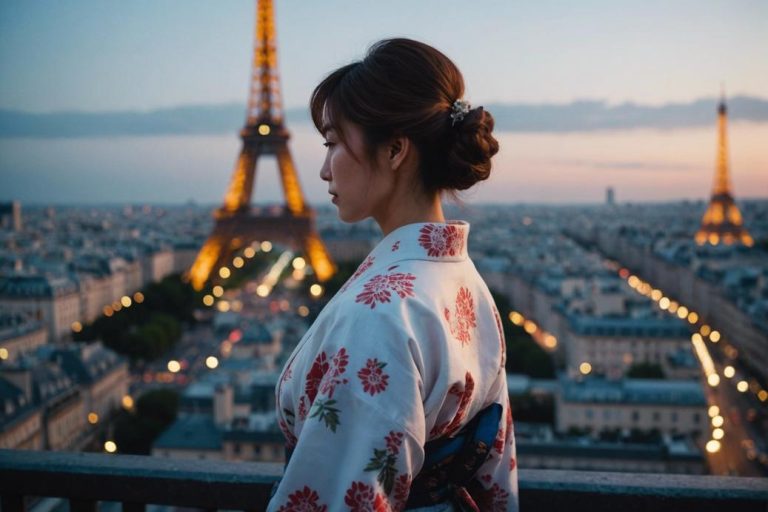 Une femme japonaise en Yukata admire la Tour Eiffel depuis le Trocadero à la tombée de la nuit, lumières de la ville scintillant en arrière-plan.