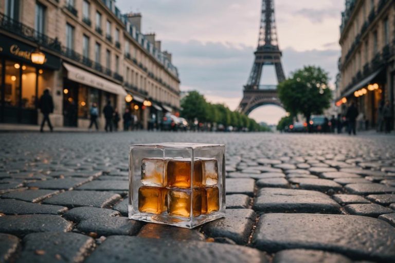 Une photo montrant une livraison d'iceberg soigneusement emballée dans les rues pavées et romantiques de Paris, avec la Tour Eiffel légèrement visible en arrière-plan, en finition matte et dans un éclairage ambiant.