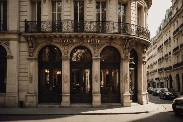 Image en tonalité sepia de la somptueuse Maison Revka, mettant en valeur ses caractéristiques architecturales uniques grâce au jeu d'ombre et de lumière, située au cœur des rues animées du 16ème arrondissement.