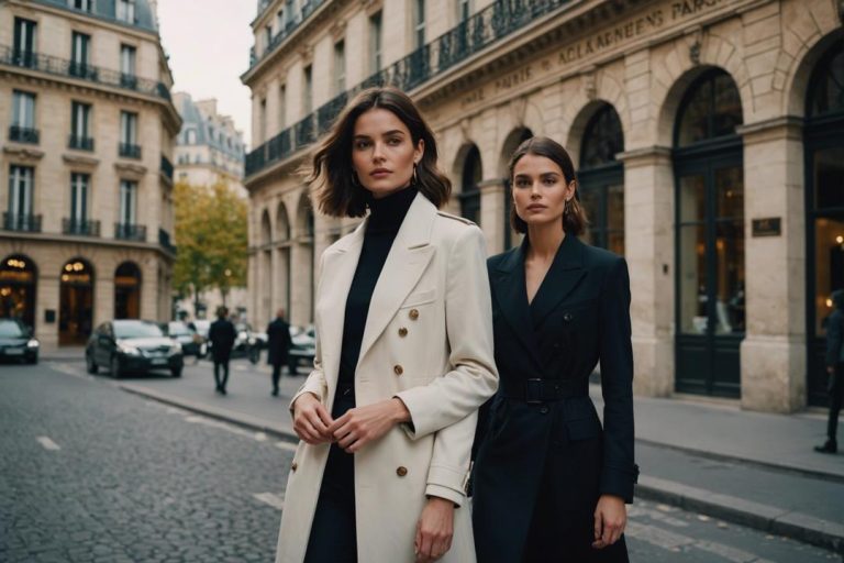 Des mannequins divers et élégants présentant des vêtements sophistiqués d'Almé Paris dans des lieux emblématiques parisiens sous un éclairage ambiant mat.