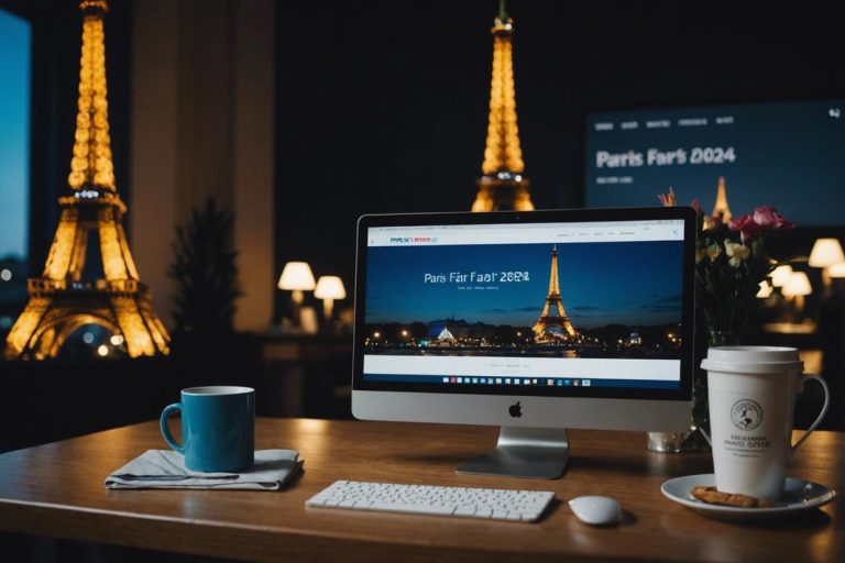 Vue rapprochée minimalistique d'un écran d'ordinateur affichant une page web 'Invitation Gratuite Salon de Paris 2024', agrémentée d'objets de bureau sur le thème de Paris comme une mini tour Eiffel et une tasse de café Parisienne, le tout dans un cadre domestique confortable et subtilement éclairé.