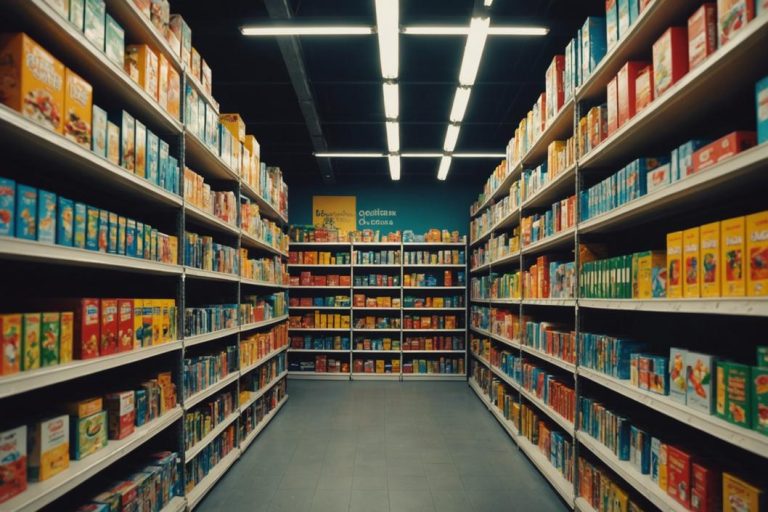 Vue panoramique des étagères colorées d'Euroland à Aubervilliers, remplies de divers produits, éclairées subtilement par la lumière intérieure.