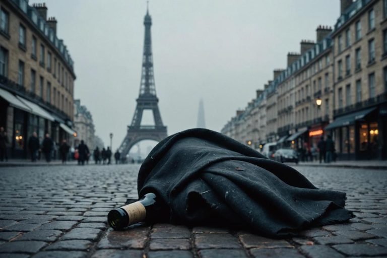 Image en clair-obscur d'un manteau déchiré drapé sur une bouteille de vin vide dans une rue pavée, avec la Tour Eiffel et le Big Ben de Londres dans le brouillard en arrière-plan, illustrant la pauvreté dans ces deux villes vibrantes.