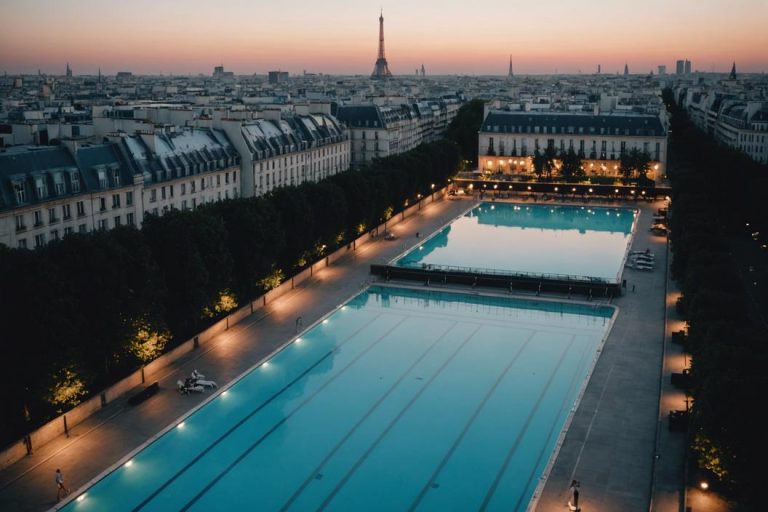 Vue en hauteur de l'immense piscine Alfred Nakache à Paris , vue d'auteur non réaliste, éclairée par une douce lumière du soir, avec l'arrière-plan de la ville iconique.