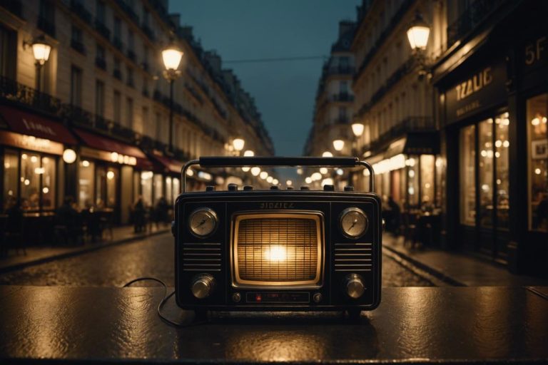 Une scène d'ambiance d'une radio vintage dans un bistro parisien éclairé faiblement, avec la lueur douce des lampadaires de rue transparaissant à travers les fenêtres brumeuses, capturant l'essence de TSF Jazz Paris 89.9.