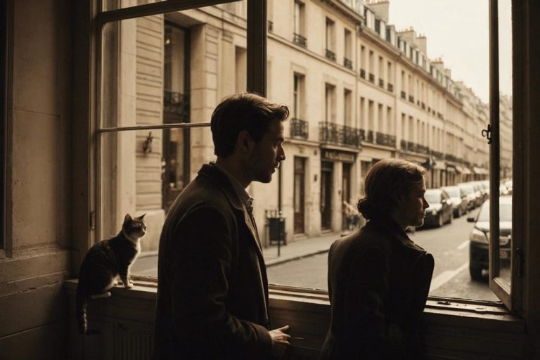 Photographie vintage montrant un couple en contre-jour admiring un chat tigré dans une fenêtre ouverte dans une rue pittoresque de Paris, effet flou, sépia.