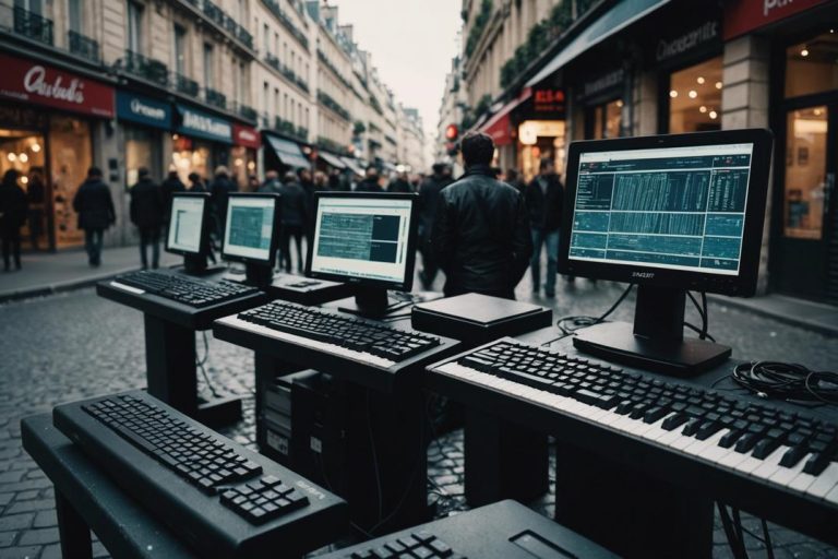 Une rue parisienne parsemée de claviers et d'ordinateurs dans un style urbain brut, représentant un tableau vivant de partage d'informations et d'activisme.