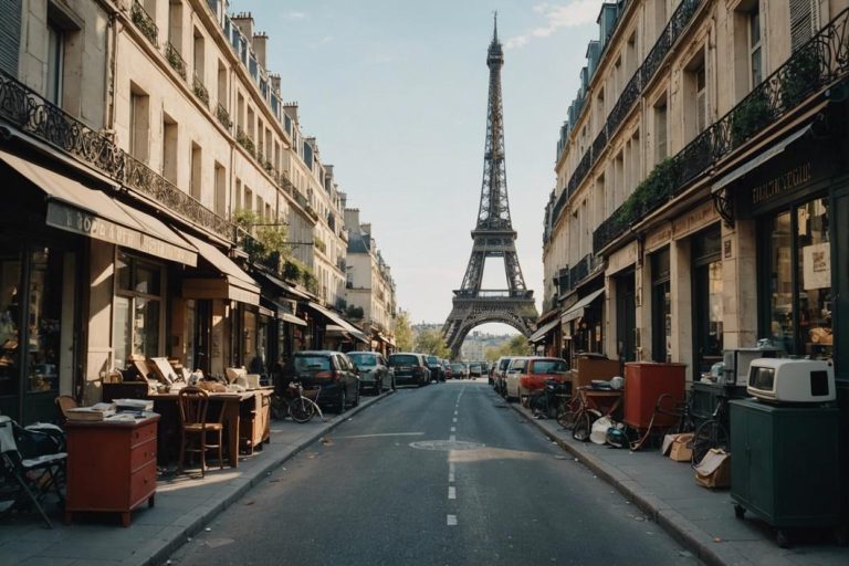 Une rue parisienne encombrée de meubles démodés et d'appareils délabrés, avec la Tour Eiffel se dessinant discrètement à l'arrière-plan, le tout baigné dans une lumière du jour subtile.