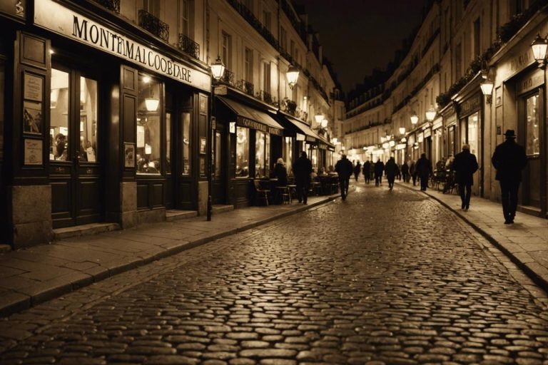 Photographie sépia, légèrement éclairée, capturant le charme intime et ancien des rues pavées du quartier Montmartre à Paris.