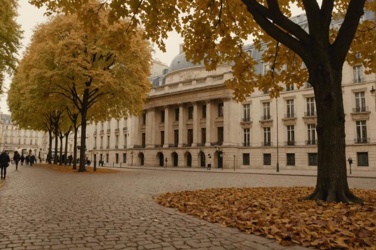 Image sépia douce de l'Université Sorbonne Nouvelle avec l'architecture haussmanienne emblématique en arrière-plan et des allées pavées bordées de feuilles d'automne bruissantes en premier plan.