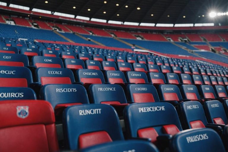Image détaillée des sièges numérotés colorés du stade Parc des Princes, disposés de manière complexe sous un éclairage frais.