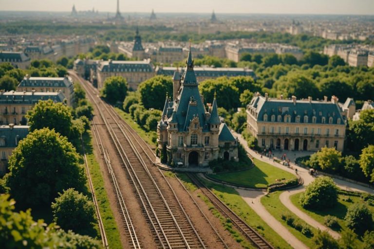 Vue aérienne des voies ferrées menant d'une maquette détaillée de Paris à une représentation colorée du château Disney.