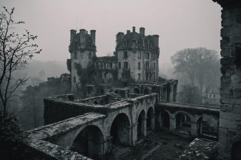 Une aube brumeuse en monochrome sur des châteaux de pierre abandonnés nichés au milieu d'une banlieue parisienne désolée, ponctuée d'arches enveloppées de lierre et de terrasses en ruine, avec un éclairage atmosphérique gothique et une finition mate.
