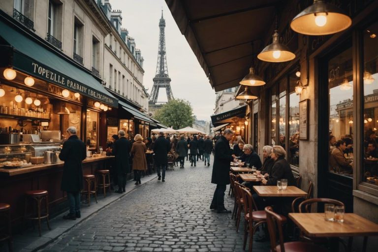 Photographie de style vintage d'un café animé dans la région Francilienne avec la Tour Eiffel en arrière-plan, finition mate, éclairage ambiant chaleureux.