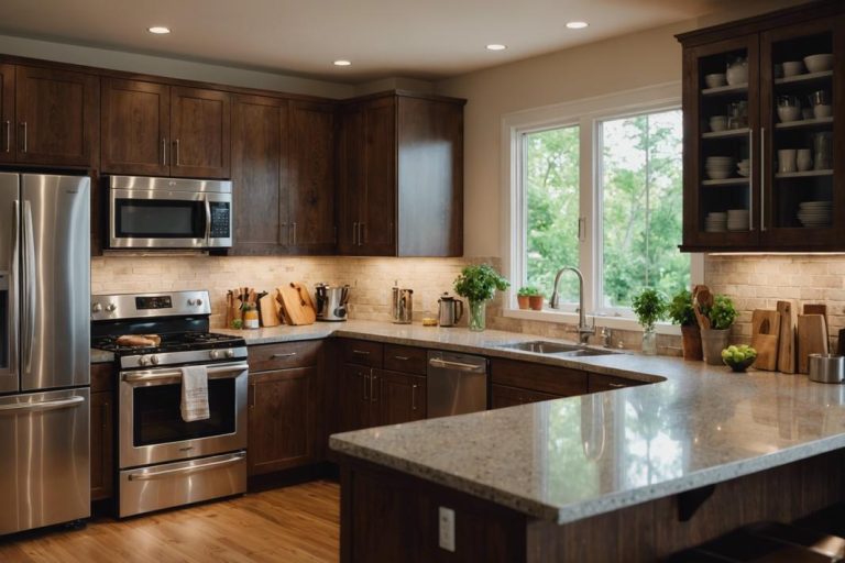 Une cuisine moderne et élégante mettant en avant des appareils en acier inoxydable brillant contre des armoires et des comptoirs en bois rustique, dans un cadre lumineux naturel.