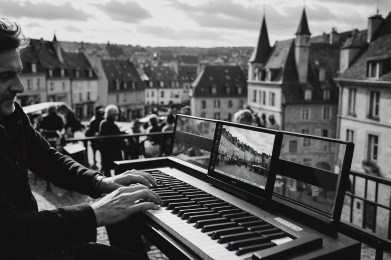 Une image capture un fil de discussion vivant sur le groupe Facebook de Palaiseau, avec en arrière-plan une charmante vue de la ville, montrant la vitalité de la communauté et la passion des Palaisiens, esthétique monochromatique, éclairage ambiant du clavier, léger flou, finition mate, post-traitement.