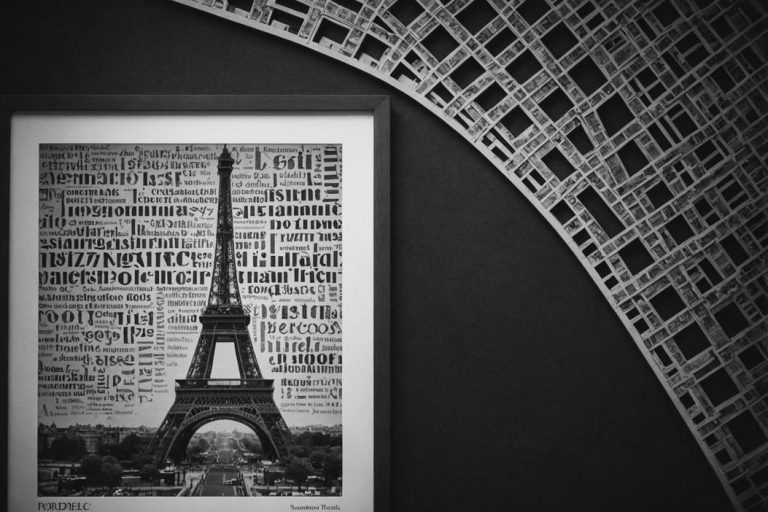 Vue aérienne de la Tour Eiffel encadrée par une bordure de mots croisés avec les mots 'Pont de Paris' remplis, en nuances de gris, éclairage subtil.
