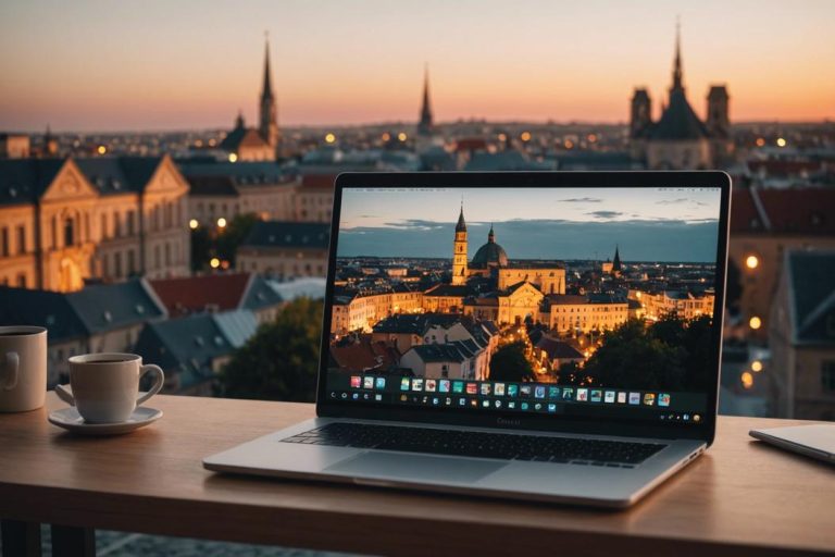 Un écran d'ordinateur illuminé affichant le forum d'Évreux devant une charmante vue de la ville sous un coucher de soleil chaleureux.