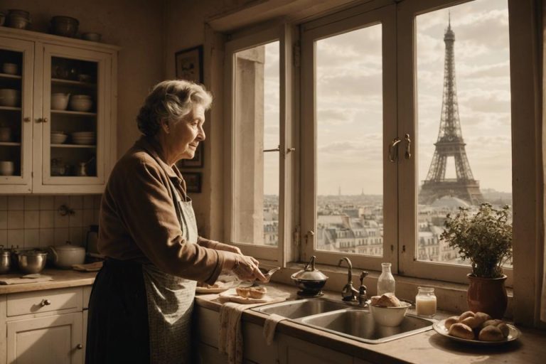 Une scène vintage en sépia d'une charmante grand-mère parisienne dans sa cuisine traditionnelle avec une fenêtre ouverte sur la Tour Eiffel, éloignant des pigeons posés sur son rebord de fenêtre, ambiance nostalgique et chaleureuse, éclairage ambiant doux, 4k.