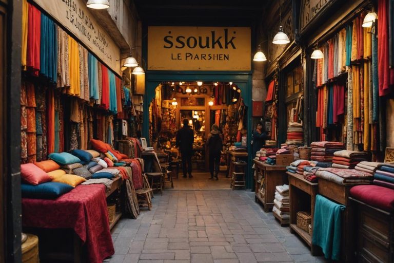 Capture large et vibrante du Souk Parisien, niché dans une rue parisienne animée, avec son étalage coloré de tissus, d'articles artisanaux et d'éléments de design fusion franco-marocain, éclairage ambiant doux et lisse, 4k de résolution.