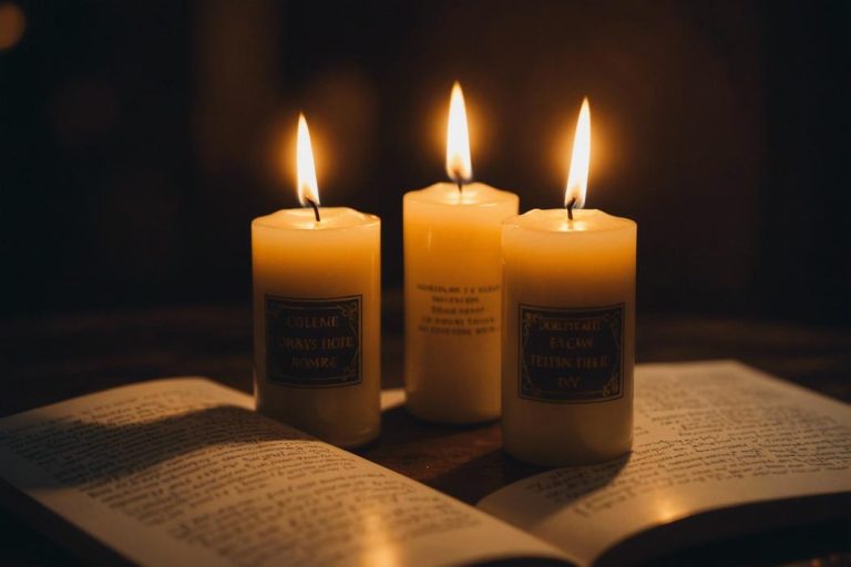 Plan rapproché de deux bougies à huile brûlant côte à côte, éclairant un texte sacré sur les jumeaux flamboyants, capturé dans une lueur d'ambiance tamisée avec filtres vintage et arrière-plan flou.