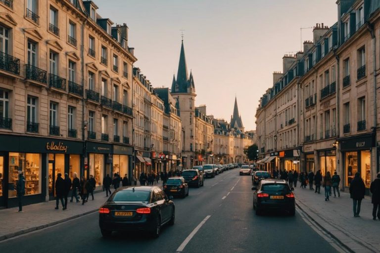 Vue panoramique des rues animées et de l'architecture distincte de Vélizy, capturée dans une lumière dorée en grand-angle haute résolution.