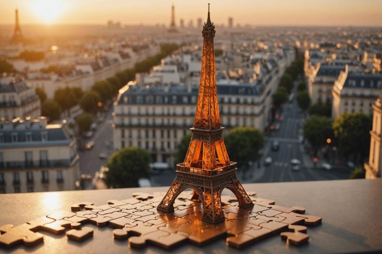 Une photographie en gros plan d'un puzzle de la Tour Eiffel orange en cours d'assemblage, avec des pièces dispersées arrangées alphabétiquement tout autour, sous une lumière chaude de coucher de soleil parisien, finition mate, mise au point nette.