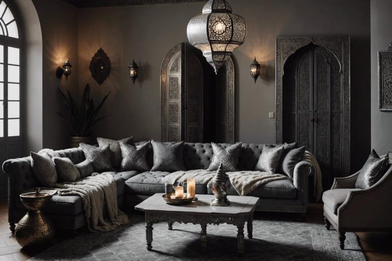 Une image représentant un salon marocain meublé avec élégance, mettant en évidence un canapé capitonné luxueux, des tapis traditionnels, des lanternes en métal diffusant une lumière douce et des coussins à motifs argentés, le tout dans une nuance de gris et une atmosphère chaleureuse. une résolution 4K détaillée.