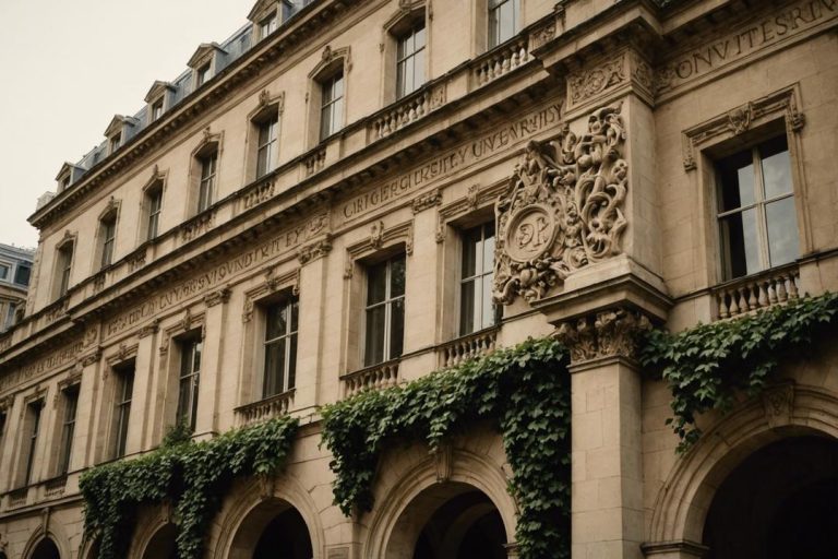 Image en sépia montrant la façade historique de l'Université Paris 5 agrémentée d'une ancienne inscription dans la pierre entourée de lierre centenaire, sous un ciel dégagé.