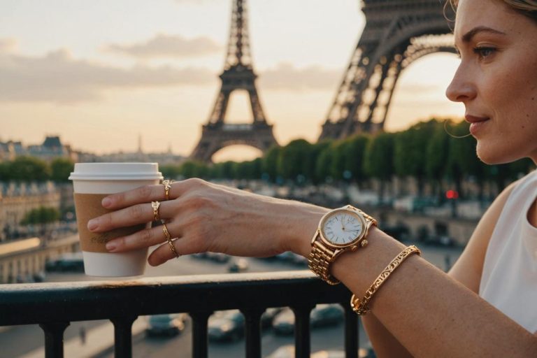 Gros plan sur un bracelet doré porté par une femme sirotant du café devant la Tour Eiffel, éclairage doux et ambiance tamisée.