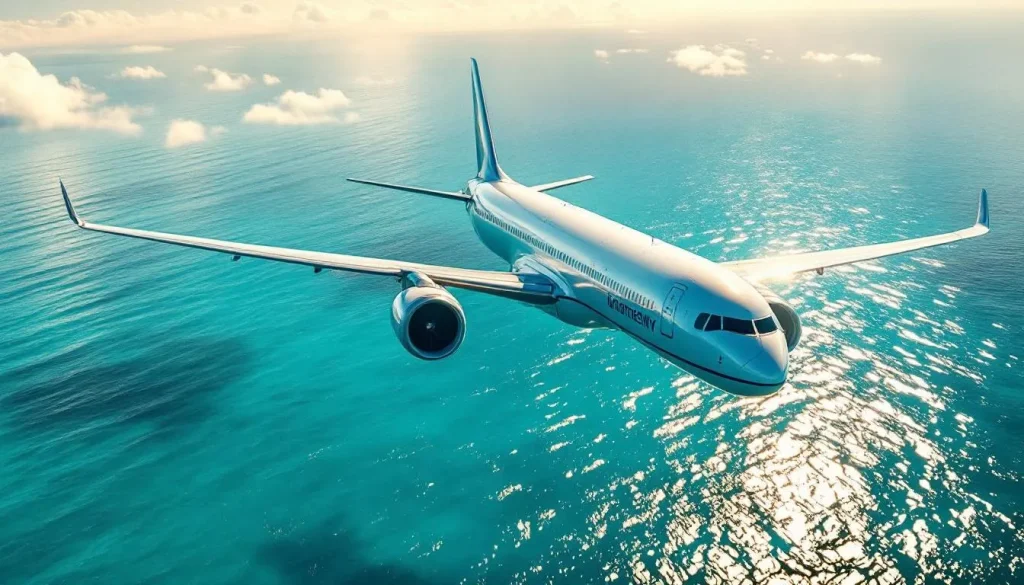 Un avion survole les eaux turquoise des Caraïbes, offrant une vue aérienne de la beauté tropicale.