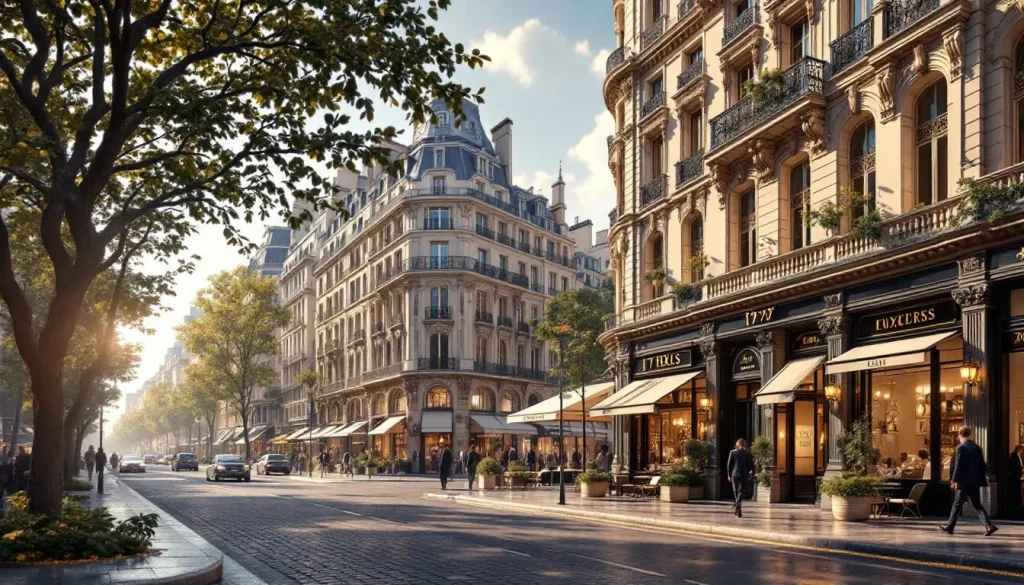 Scène illustrant l'opulence du Paris du 17ème siècle, avec ses architectures raffinées et ses détails ornementaux.