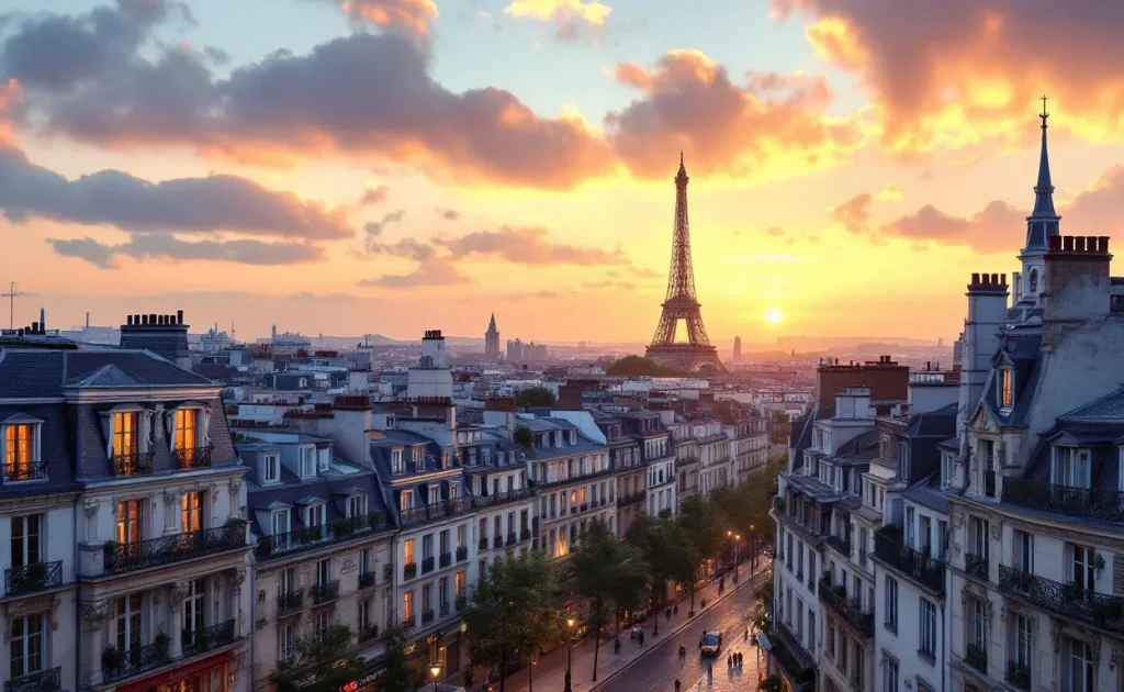 Vue sur les toits parisiens sous la lumière douce du crépuscule.