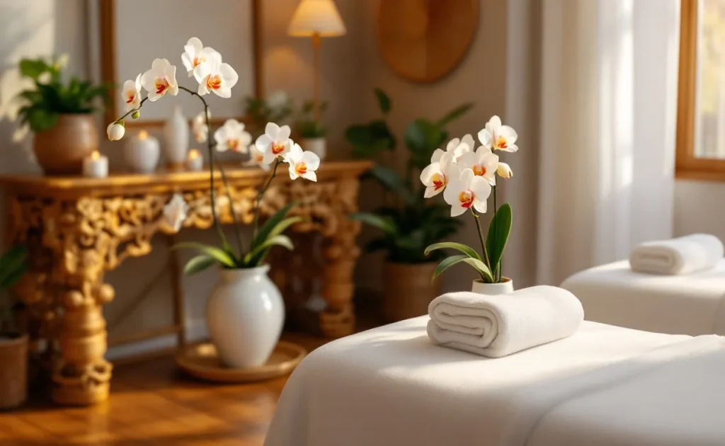 Salle de spa d’inspiration thaïlandaise à Paris, avec éclairage doré, bois naturel et orchidées fraîches sur des draps blancs.