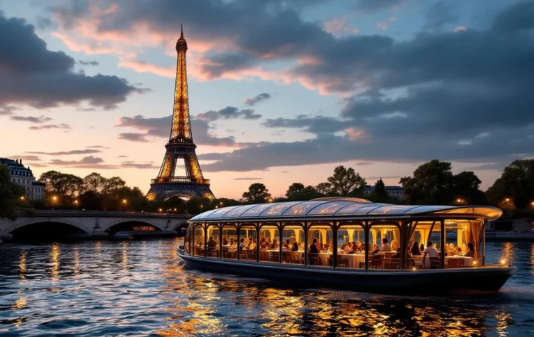 Un bateau-mouche vitré vogue sur la Seine au crépuscule devant la tour Eiffel, avec des convives illuminés à bord.