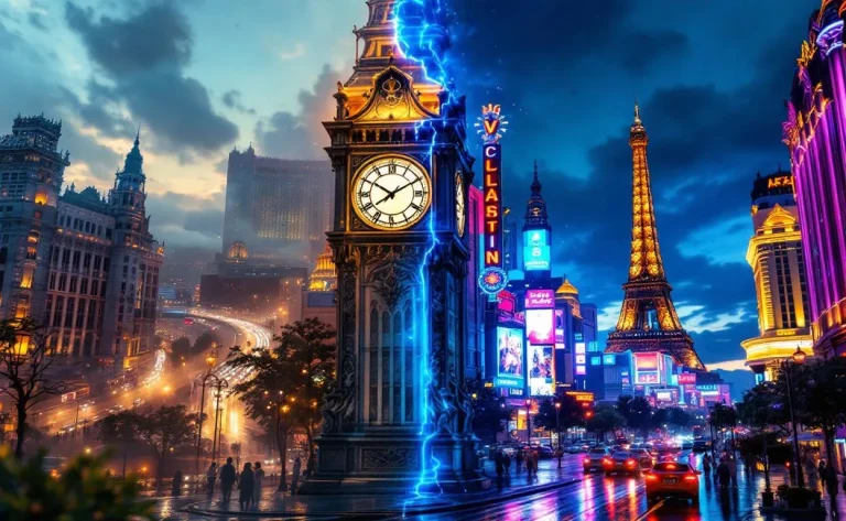 Une tour d’horloge lumineuse à Paris baignée par la lumière du matin se fond dans la scène nocturne éclairée du Strip de Las Vegas, illustrant le contraste des fuseaux horaires et des ambiances.