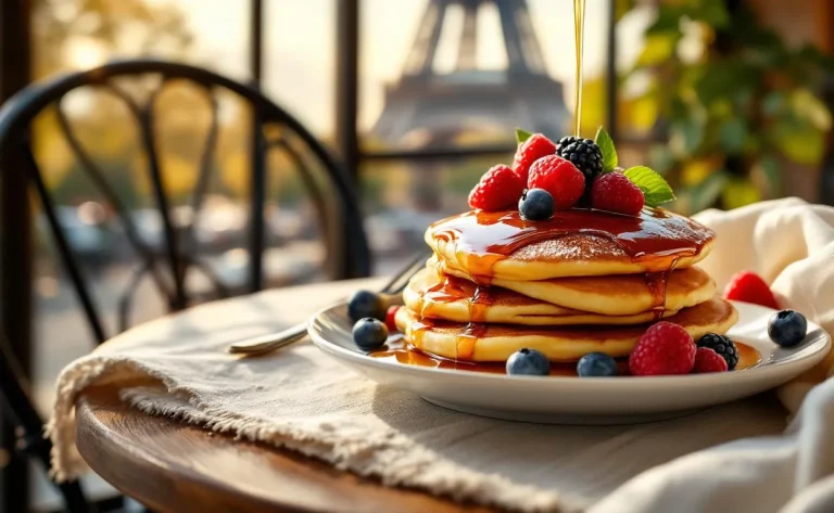 Une pile de pancakes canadiens garnie de sirop d’érable et de fruits rouges repose sur une table de café à Paris, avec la tour Eiffel en arrière-plan sous une lumière matinale dorée.