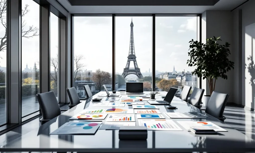 Un bureau parisien moderne avec de grandes fenêtres donnant sur la tour Eiffel, une table de réunion ornée de graphiques colorés et de rapports de marketing digital sous une lumière matinale douce.