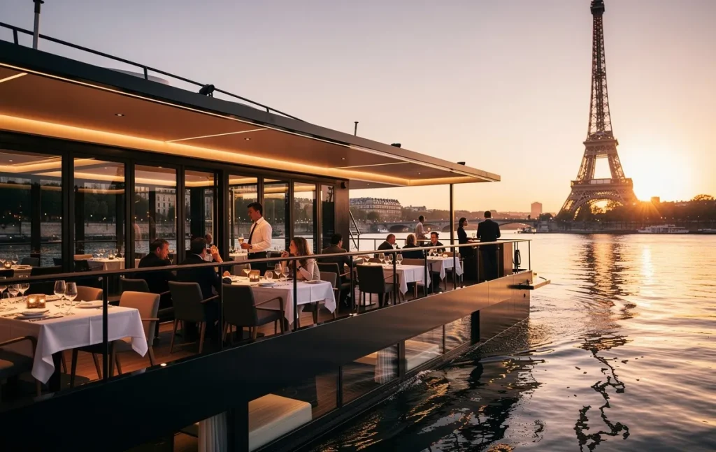 Barge moderne naviguant sur la Seine au crépuscule avec des tables dressées sur le pont et la tour Eiffel en arrière-plan.
