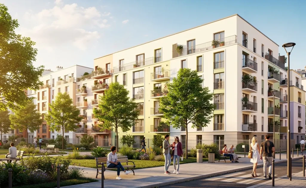 Des immeubles résidentiels modernes aux façades lumineuses sont entourés d’arbres verdoyants sous une lumière matinale douce dans la région parisienne.
