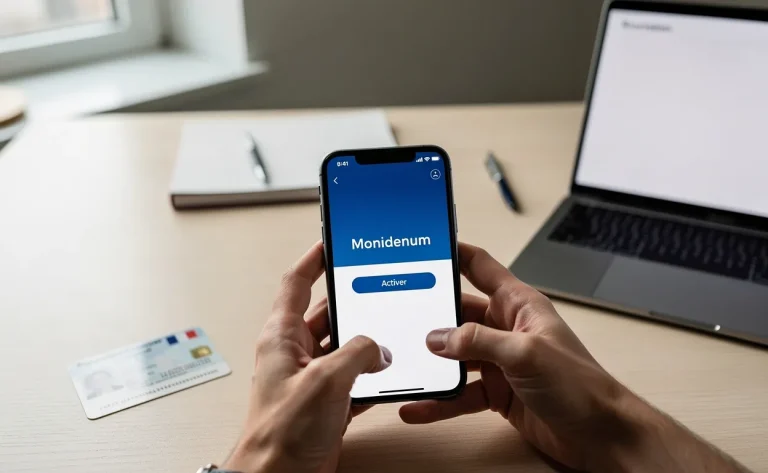 Une personne tient un smartphone affichant l’activation de Monidenum, avec une carte d’identité française, un ordinateur portable et un bureau bien rangé sous une lumière naturelle.
